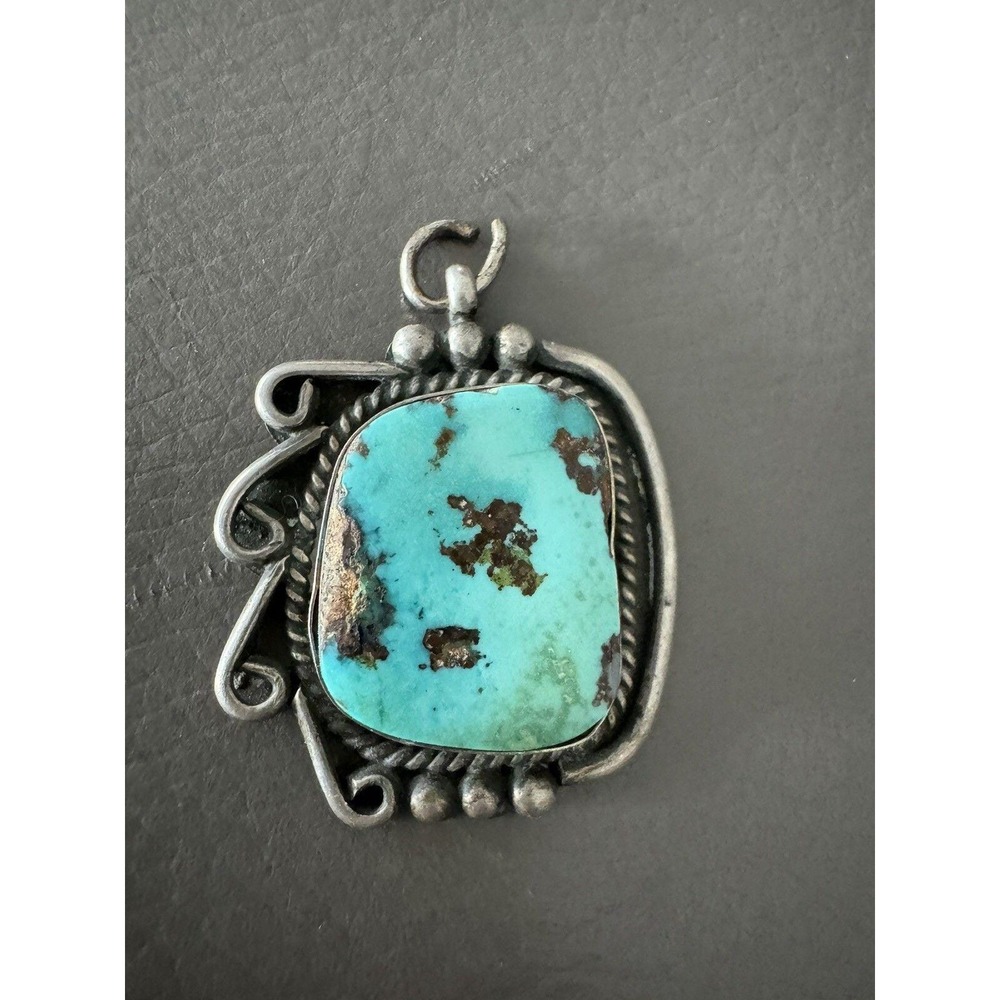 Old VTG Large Native American Navajo Sterling Silver Turquoise Pendant Necklace